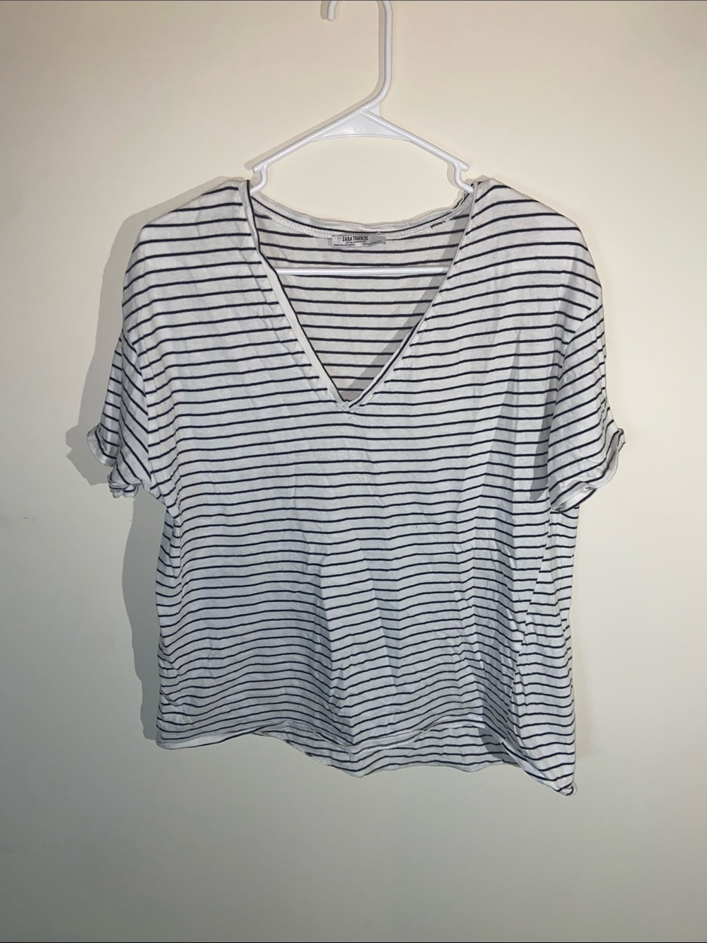 Zara Trafaluc Striped V-Neck Short Sleeve Top - White&Black Size M